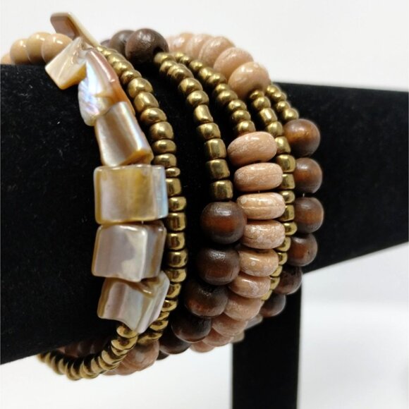 Boho Memory Wire Bracelet Wood Copper Color beads Natural Baroque Abalone - Picture 2 of 7